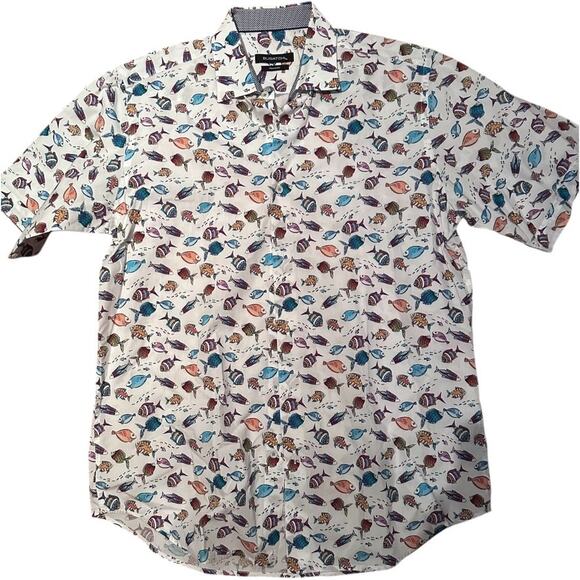 Bugatchi Classic Fit White Button-Up Shirt, Colorful Tropical Fish Print, Size M - Picture 1 of 7